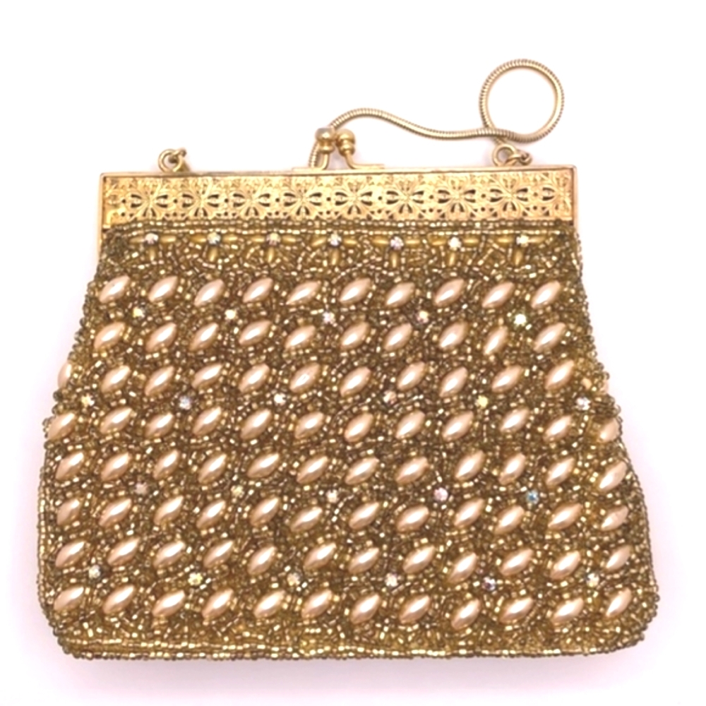 Vintage Beaded Mini Bag Purse Faux Pearl AB Rhinestone Gold Tone